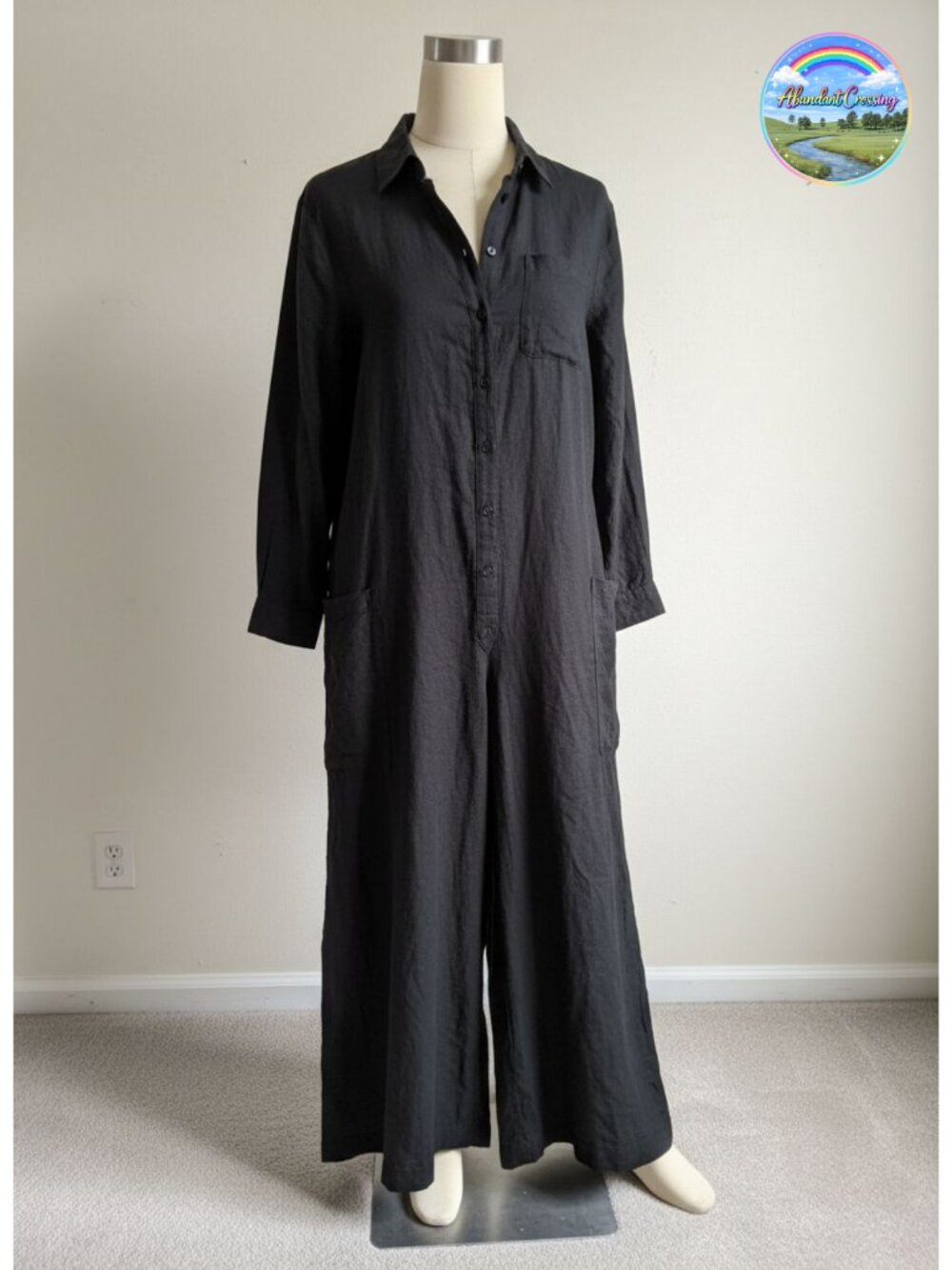 CHARTOU Linen Blend Button Down Wide Leg Jumpsuit Long Sleeve